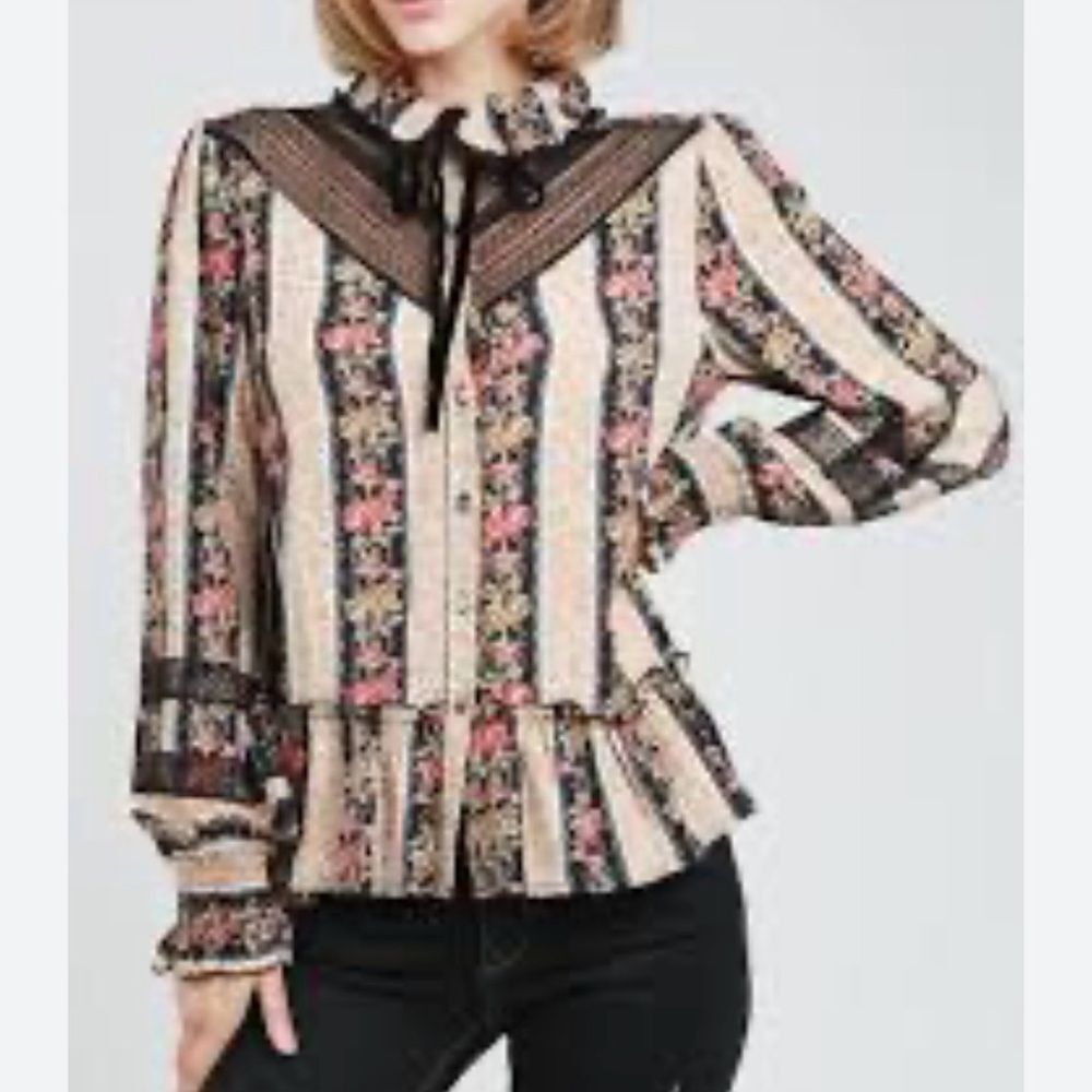 POL Victorian Vintage Inspired Black Floral Lace Stripe Ruffle Tie Neck Blouse